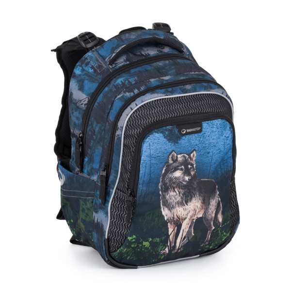 Iskolai háromkamrás hátizsák levehető derékpánttal – farkas